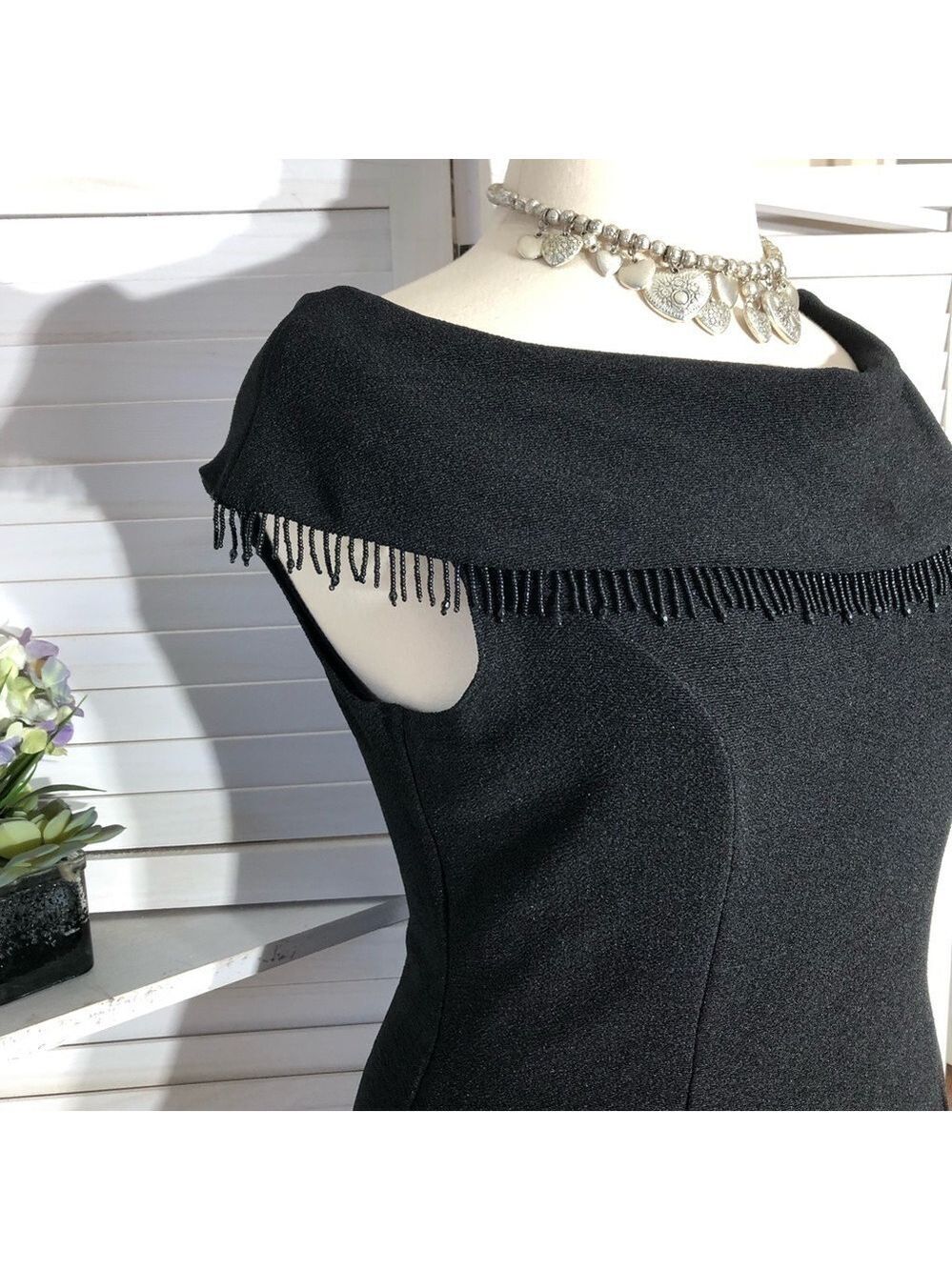 Vintage Black Pencil Dress Midi Cocktail beaded Beatnik wedding guest glam XL